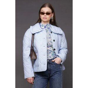 Avec Les Filles Light Blue Quilted Button-Up Ruffle Collar Jacket, Size XL